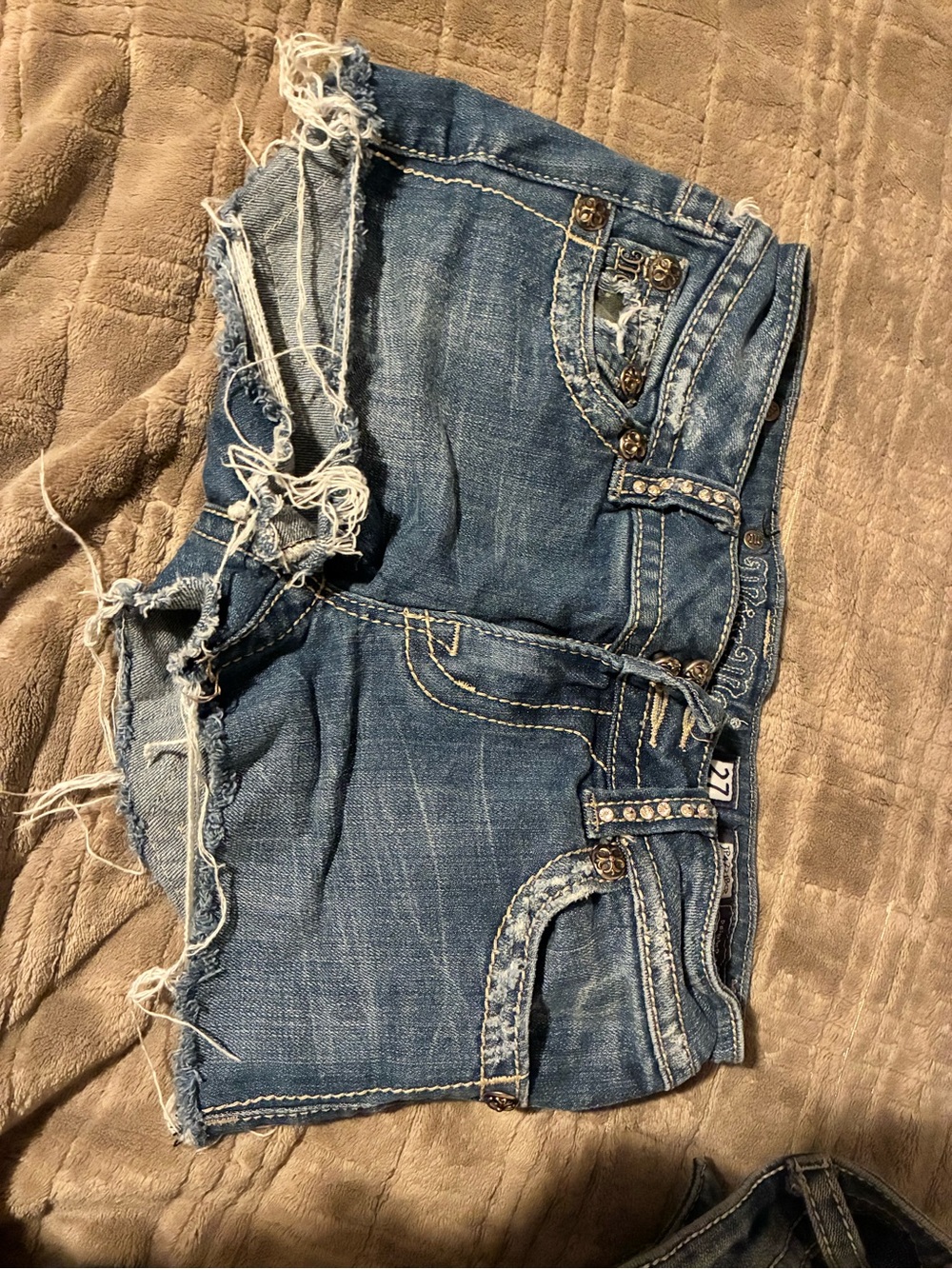 Miss Me Blue Distressed Denim Cutoff Shorts with Rhinestone Trim